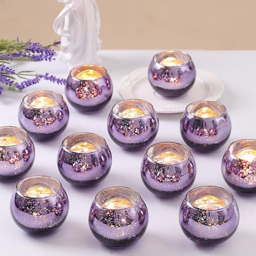 LETINE Purple Mercury Glass Votive Candle Holders - Set of 36 | Elegant Gold Tealight Candle Holders for Table Centerpieces, Weddings, Rehearsal Dinners, Halloween & Thanksgiving Decorations Indoor by LETINE