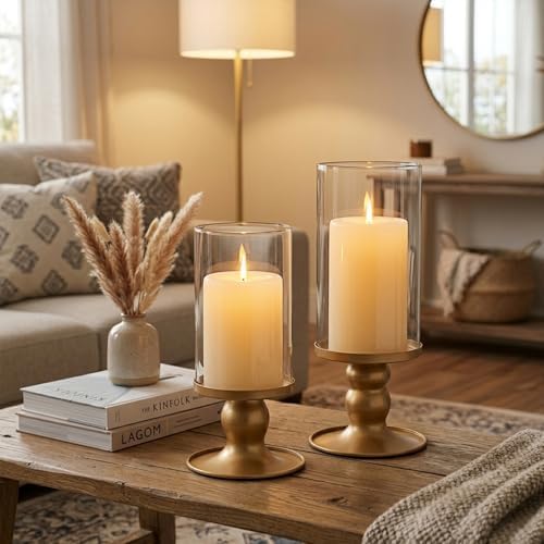NITIME 2Pcs Hurricane Candle Holder for Pillar Candles, Gold Candle Holders with Clear Glass Sleeve for Table Centerpieces,Pillar Candle Holders for Home Decor, Wedding, Holiday and Party Decor - Image 5