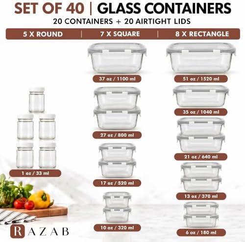 Razab 40 PC Set Leakproof Glass Food Storage Containers with BPA Free Lids - Image 2