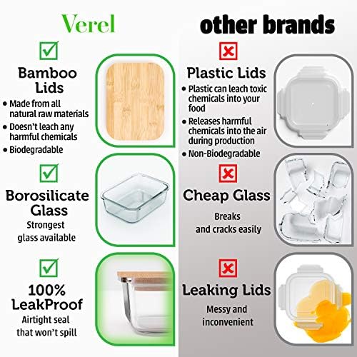 Verel Glass Food Storage Containers with Bamboo Lids (4 Pack, 36 Ounce) Eco Friendly Meal Prep Containers Airtight – Plastic Free, BPA Free - Image 4