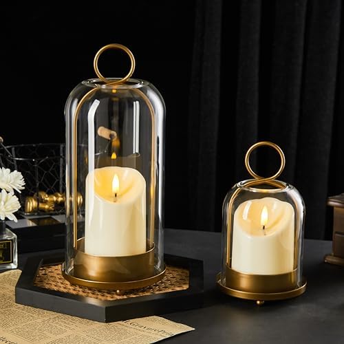 5"&4" Metal Candle Holder with Handmade Glass Dome in Brass & 2 Timer Candles, Set of 2 Versatile Hurricane Glass Candle Holders for Pillar Candles & Plants by Unknown