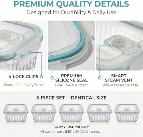 5-Packs, 36 Oz Glass Meal Prep Containers with Snap Locking Lids Glass Food Containers,Airtight Lunch Container,Microwave, Oven, Freezer and Dishwasher - Image 3