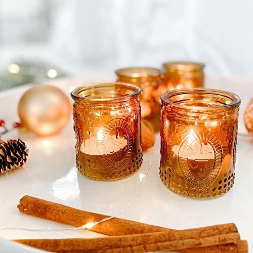 Kate Aspen Vintage Amber Glass Tea Light Candle Holders Set of 4 - Votive Holders for Home Decor, Fall Table Decorations, Bathroom Candles, Kitchen Shelf Decor, and Wedding Centerpieces by KateAspen