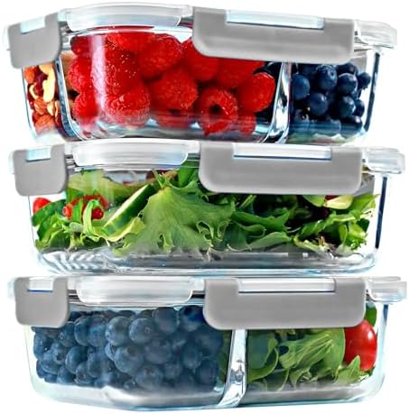 Glass Meal Prep Containers 1 & 2 & 3 Compartments, Airtight, 35 oz, 3 Pack by FITSTRONGHEALTHY