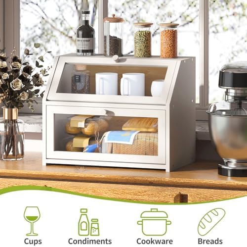 BMOSU Farmhouse Bread Box for Kitchen Countertop Bread box Double Layer Bamboo Wooden Extra Large Capacity Bin Kitchen Food Storage Container(White) - Image 5