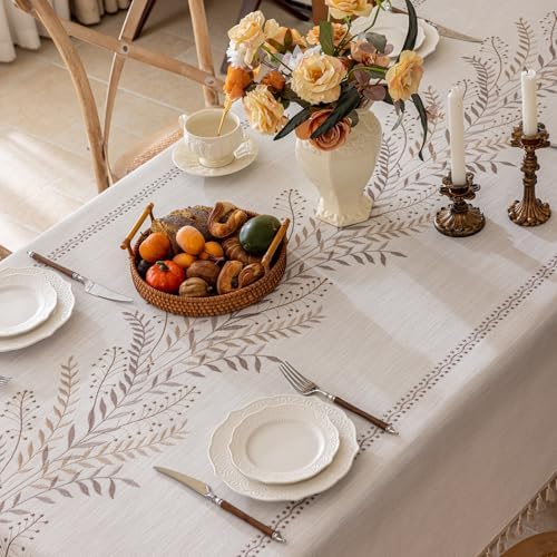 Joyfol Day Rustic Waterproof Linen Tablecloth, Heavy Weight Fern Embroidery Table Cloths for Rectangle Tables, Farmhouse Spill-Proof Table Covers with Tassels, Coffee 55''x 70'' - Image 3