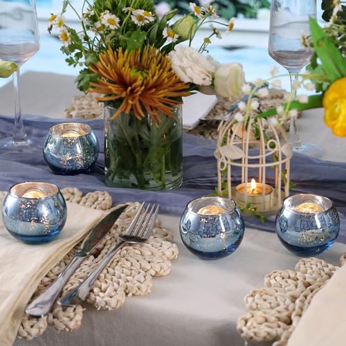Volens Round Blue Votive Candle Holder Set of 12, Mercury Glass Votives - Image 3