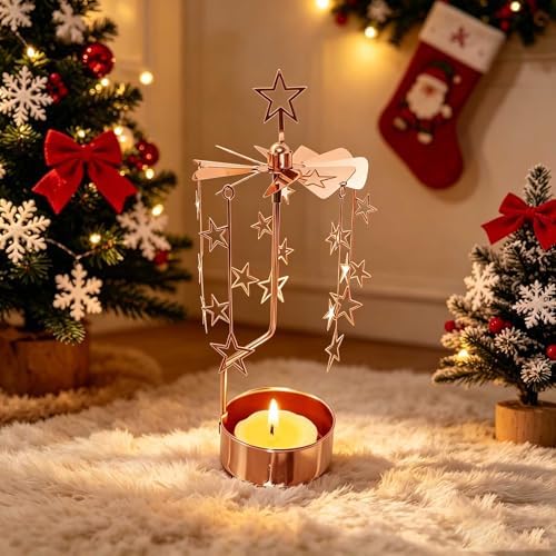 kingnero Rotary Candle Holder Spinning Candleholder Tea Light Candle Powered Carousel Small Gift (Rose Gold Star) - Image 4