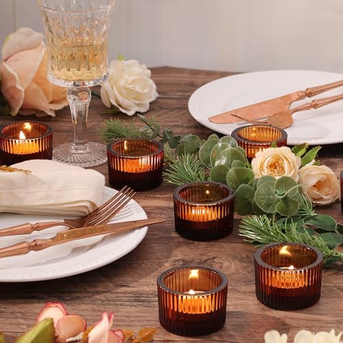 NITIME 30Pcs Ribbed Amber Votive Candle Holders for Fall Table Decor, Amber Tea Light Candle Holders with 32pcs Tea Light Candles for Wedding Decor, Home Decor and Party Decor - Image 5