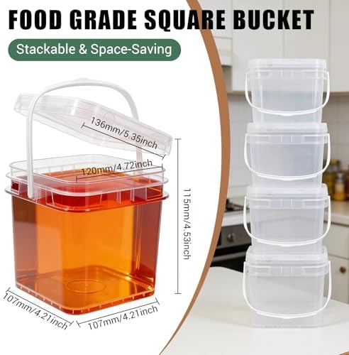 Food Storage Buckets with Lids - 4 Set Square Clear Plastic Containers, Airtight Pressure Seal & Handle for Kitchen Freezer Prep (Clear, 34 oz) - Image 6