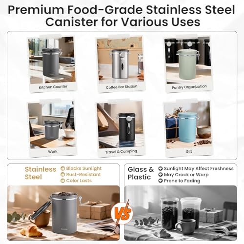 Veken Coffee Canister,39OZ, 2.2lbs,Large Airtight Stainless Steel Container Kitchen Food Storage Jars for Beans,Ground, Espresso, Rice,Tea, Sugar, Cereal, Gifts, Date Tracker, Scoop, Silver(Pack of 2) - Image 6