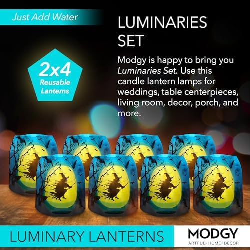 MODGY Luminary Lanterns Candle Holder Decorative Indoor Outdoor Decor, Lanterns for Wedding Centerpiece Decoration Outside Patio, with Flameless Floating LED Candles, WitchyWoman Pack of 2 - Image 2