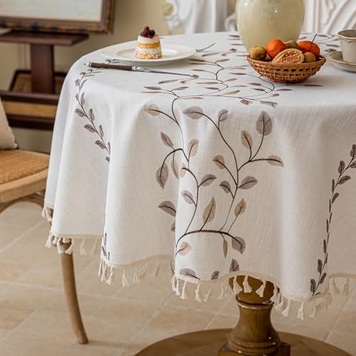 Joyfol Day Round Linen Tablecloth, Heavy Duty Waterproof Tablecloths, Farmhouse Embroidery Leaves Table Cloth with Tassels, Soft Wrinkle Free Table Cover, Coffee Vines, 55 inch - Image 6