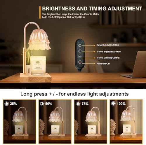 TOACSUCP Candle Warmer Lamp with 3 Bulbs, Adjustable Height Dimmable Candle Warmer with Timer, Compatible with Large Jar Candles, Flower Candle Warmer with Charming Gift Box Ribbon(Light Yellow) - Image 3