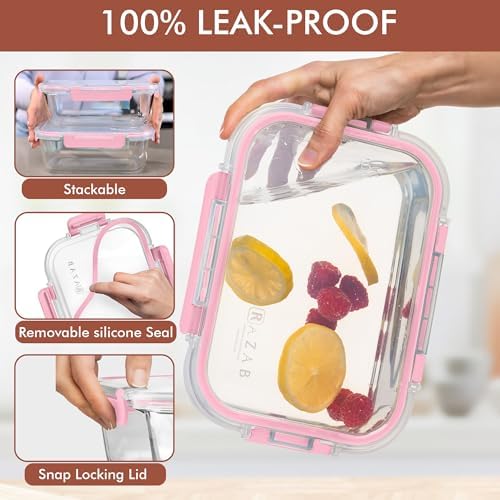 Razab 2 Pcs 1860ml / 63 Oz Large Glass Food Storage Containers with Lids - Glass Meal Prep Containers with Locking Lids for Roasting, Storing Leftover, Lunch Container, BPA Free, Microwave & Oven Safe - Image 3