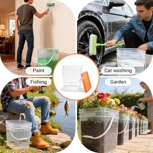 4 Pack 6.6 Gallon Square Plastic Bucket with Orange Lids, Heavy Duty Storage Containers with Handle, Large Clear Plastic Pail for Paint, Cleaning and Industrial Use, BPA Free - Image 2