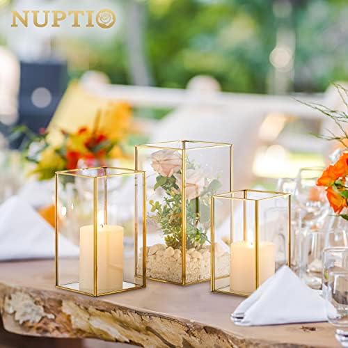 Nuptio Glass Hurricane Candle Holder Set of 18 Gold Pillar Candle Holders Large Rectangular Candleholder Table Centerpieces Decoration for Wedding Party Holiday Home Ornaments 9.5 & 8.1 & 6.5 inch - Image 4