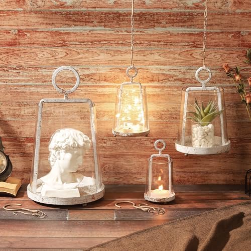 3.3" Wide Modern Farmhouse Metal Hurricane Candle Holder with Handmade Sturdy Glass Sleeve in Rustic White for Tealight Candle & Plants, Glass Hurricane Lantern, Industrial, Minimalistic - Image 7