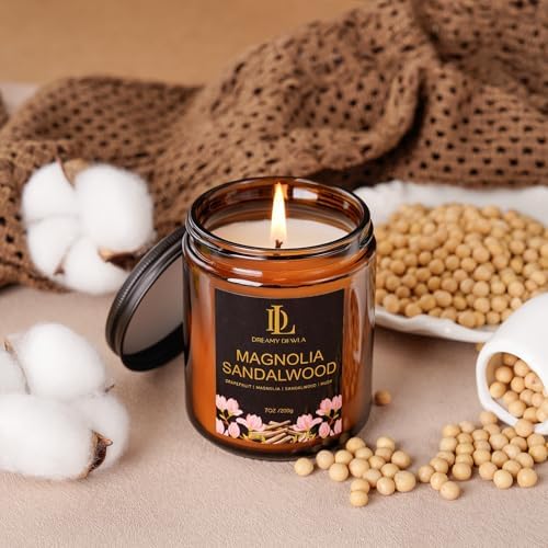 Magnolia & Sandalwood Scented Candles, Soy Candle for Home Scented, Amber Jar Candles Gifts for Men Women, 7oz - Image 3