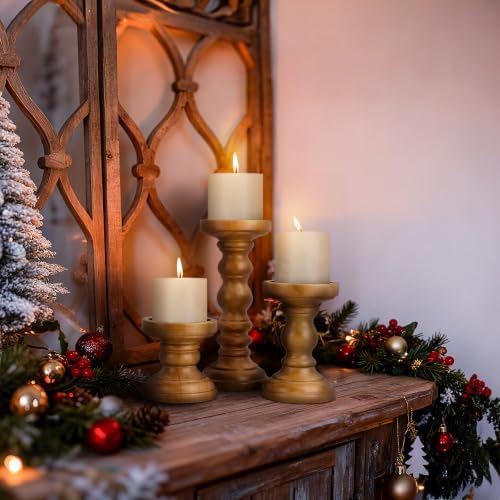 Candle Holder for Pillar Candle Set of 3, Farmhouse Wood Candle Holder, Rustic Wooden Candle Stand, Vintage Tall Candle Stand Decorative for Living Room, Table Centerpiece, Brown - Image 6