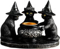 Halloween Black Cat Candle Holder with Witch Hats, Gothic Cauldron Decor by PTINBG