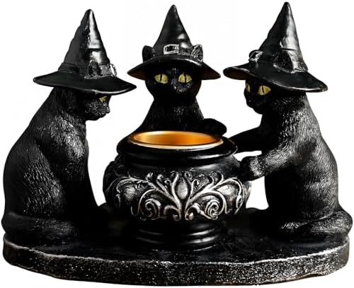 Halloween Black Cat Candle Holder with Witch Hats, Gothic Cauldron Decor by PTINBG