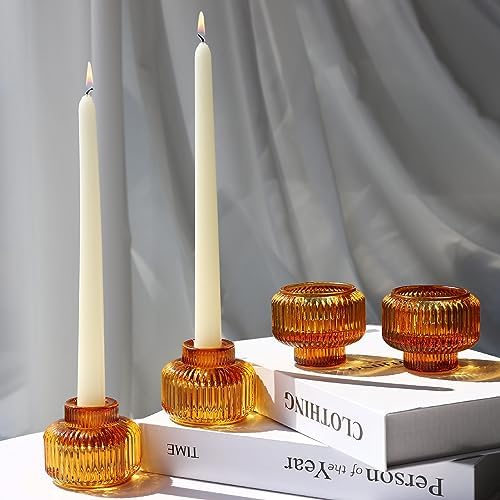 Woho Candlestick Holders Set of 4, Amber Votive Candle Holders for Fall Wedding Table Centerpiece, Ribbed Glass Taper Candle Holders for Dinner Party Halloween Thanksgiving Decor by Woho