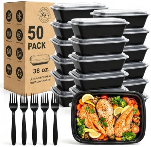 Meal Prep Containers 38OZ, 50 Pack +20 Forks, Leak Proof BPA Free by WGCC