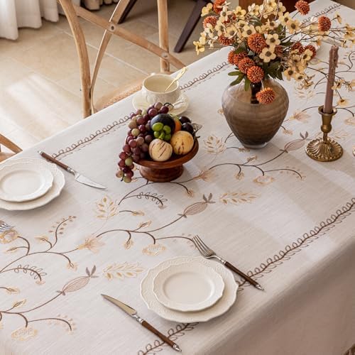 Joyfol Day Rustic Square Table Cloth, Heavy Duty Linen Florals Embroidery Tablecloths, Farmhouse Waterproof Tablecloth, Wrinkle Free Table Cover with Tassels, Coffee Berry, 55''x 55'' - Image 3
