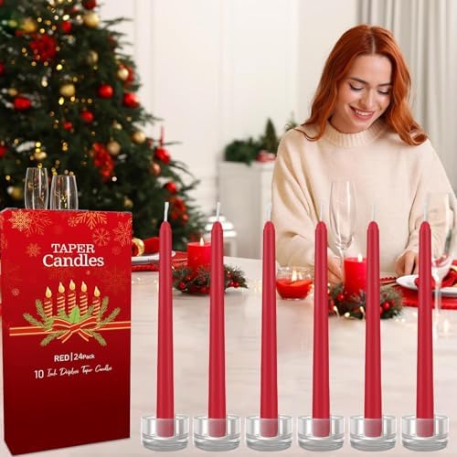 YOROXRG 24 Pack Red Taper Candles, 7-8 Hours Burn Time, Unscented, Smokeless and Dripless, 0.75 x 10 Inch Dinner Candle Set for Christmas,Household, Wedding, Party and Home Décor Candlesticks - Image 4