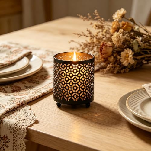 Hosley 4.5" Black Metal Candle Holder Sleeve Gold Interior for Tealights & Votive Candles Decorative Lantern for Home Décor, Weddings, Meditation, & Events - Image 7