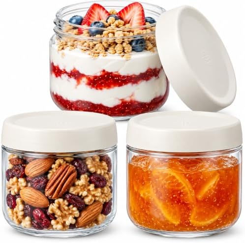 Glass Jar with Scew Lid, Overnight Oats Jars, Condiment Salad Dressing Sauce Meal Prep Containers, 10oz Wide Mouth Food Jars for Baby Food Snacks Sugar Spice, Glass Food Storage Containers Airtight by Povinmos