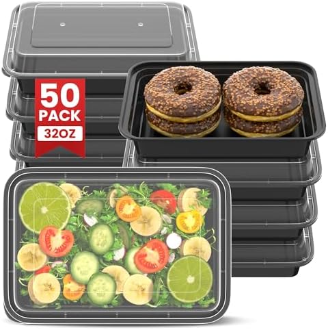 32oz Meal Prep Containers [50-Pack], Reusable Bento Box with Easy-Snap Leakproof Lids - Microwave, Dishwasher & Freezer Safe Food Storage, BPA-Free Plastic Lunch Containers (Black) by Unknown