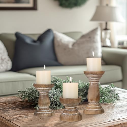 Candle Holder for Pillar Candle Set of 3, Farmhouse Wood Candle Holder, Rustic Wooden Candle Stand, Vintage Small Wooden Candlestick HoldersDecorative for Living Room, Table Centerpiece (Brown) - Image 6