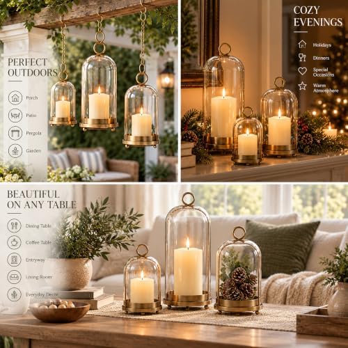 Hurricane Glass Candle Holders Set of 3, Gold Candle Lanterns with Hooks - Image 5
