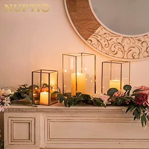 Nuptio Glass Hurricane Candle Holder Set of 18 Gold Pillar Candle Holders Large Rectangular Candleholder Table Centerpieces Decoration for Wedding Party Holiday Home Ornaments 9.5 & 8.1 & 6.5 inch - Image 2