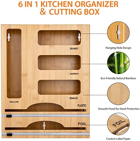 Storage Bag Organizer with Foil and Plastic Wrap Organizer , Aluminum Foil Dispenser with Cutter, Bamboo 6 in 1 Baggie Organizer Suitable for Gallon, Quart, Sandwich, Snack - Image 3