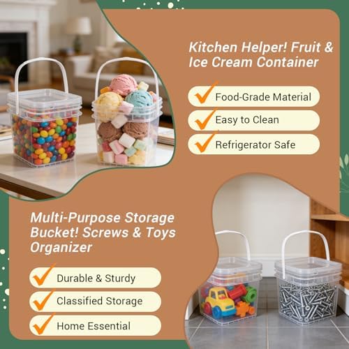 Food Storage Buckets with Lids - 4 Set Square Clear Plastic Containers, Airtight Pressure Seal & Handle for Kitchen Freezer Prep (Clear, 34 oz) - Image 3