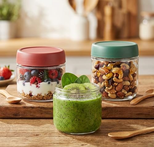 3Pack Overnight Oats Containers with Lids,10oz Glass Jar with Scew Lid,Salad Dressing Fruit Veggies Sauce Snacks Meal Prep Food Containers,Spice Jars,Wide Mouth Storage Containers - Image 2