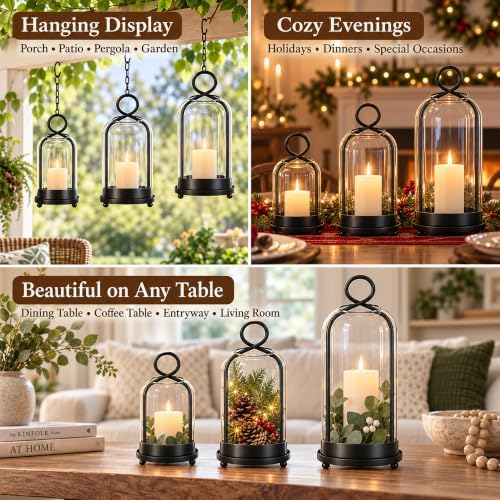 Hurricane Glass Candle Holders Set of 3, Metal Candle Lanterns with Hooks - Image 5