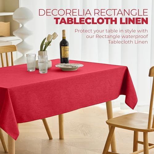 Decorelia Waterproof Faux Linen Rectangle Tablecloth, Spillproof Wrinkle Free Outdoor Reusable Table Cloth for Patio,Holiday,Banquet,Party,Buffet Dinner (Oblong,60 x 120 Inch (10-12 Seats),Red) - Image 2