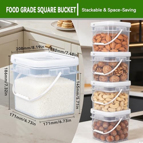 Food Storage Buckets with Lids - 4 Set Square Clear Plastic Containers, Airtight Pressure Seal & Handle for Kitchen Freezer Prep (Clear, 1.3 gal) - Image 4