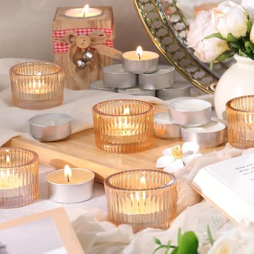HAVITI 18 Pack Gold Tealight Candle Holders with Candles, Glass Votive Set - Image 4