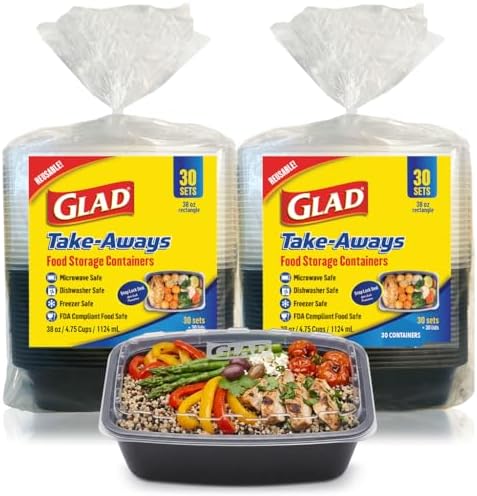Glad Take-Aways 60-Pack Snap-Seal, Dishwasher and Freezer Safe, Reusable Food Storage Bento Box, Meal Prep Containers, Made in North America (38 oz, BPA Free) by GladTrashFoodStorage