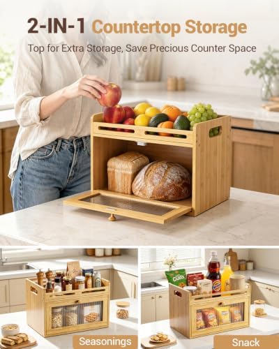Bread Box for Kitchen Countertop, Bamboo Storage Container with Top Shelf - Image 2