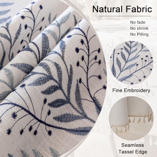 Joyfol Day Rustic Waterproof Linen Round Tablecloth, Heavy Weight Fern Embroidery Table Cloths for Round Tables, Farmhouse Spill-Proof Table Covers with Tassels, Blue, 55 inch - Image 3