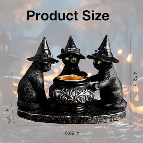 Halloween Black Cat Candle Holder with Witch Hats, Gothic Cauldron Decor - Image 2