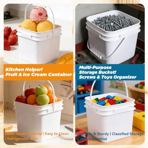 Square Clear Plastic Bucket Set - 4 Packs Airtight Storage Containers with Pressure Lids & Handle, Food Grade for Home & Outdoor (White, 1.3 gal) - Image 3