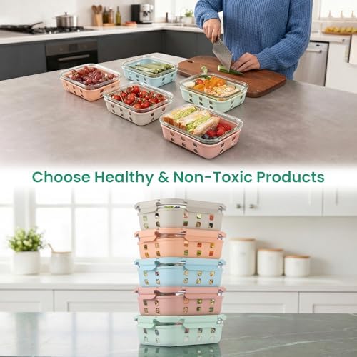 GENICOOK Glass Meal Prep Containers 5 Set, 4.4 Cup Airtight Leakproof Lids, Borosilicate Glass Food Storage Containers, Microwave Oven Freezer Safe, BPA Free Lunch Containers - Image 4