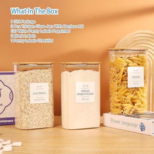 3 Pack Square Glass Pantry Storage Containers with 132 Kitchen Food Pantry Labels - 51 floz Clear Glass Pantry Jars with Airtight Wood Bamboo Lids - Glass Canisters for Candy, Cereal, Coffee, Spice - Image 2